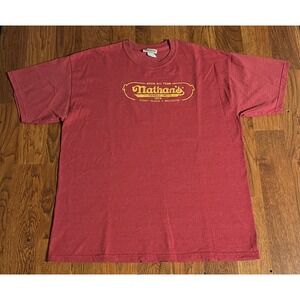 Nathans Famous Hot Dogs Vintage T-Shirt Mens Large Red Coney Island Graphic Tee